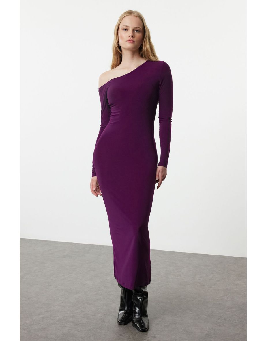 Plum Plain Asymmetrical Collar Detailed Fitted Flexible Maxi Knitted Dress