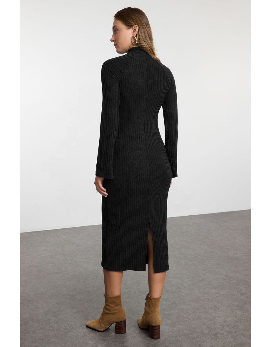 Black Straight Slit Midi Fitted/Fits Body Elastic Ribbed Knit Dress - 3