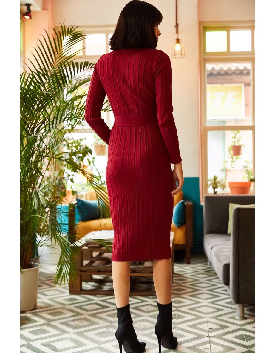 Women's Burgundy Belted Thick Ribbed Knitwear Dress - 3