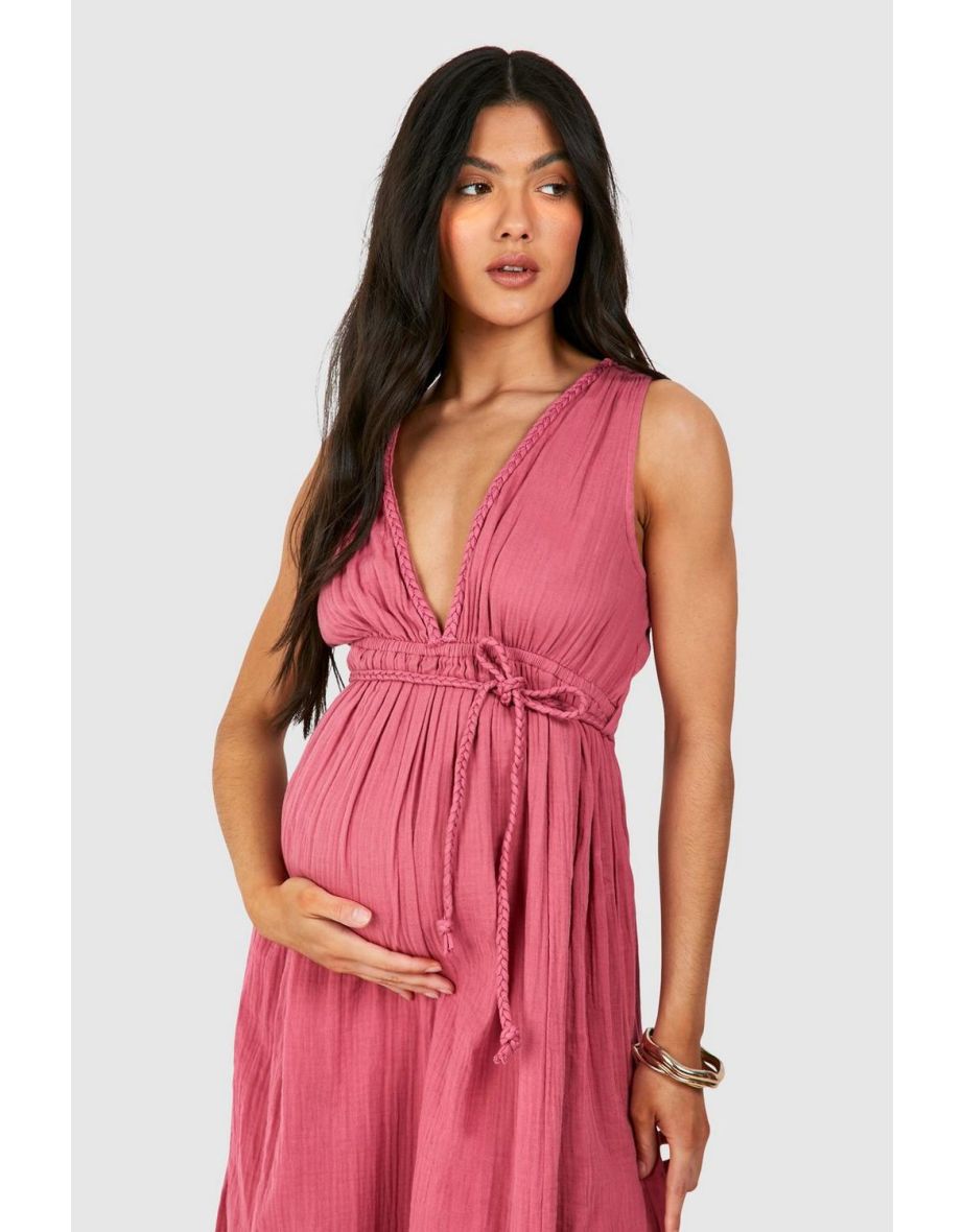 Maternity Belted Cheesecloth Maxi Dress - rose - 3