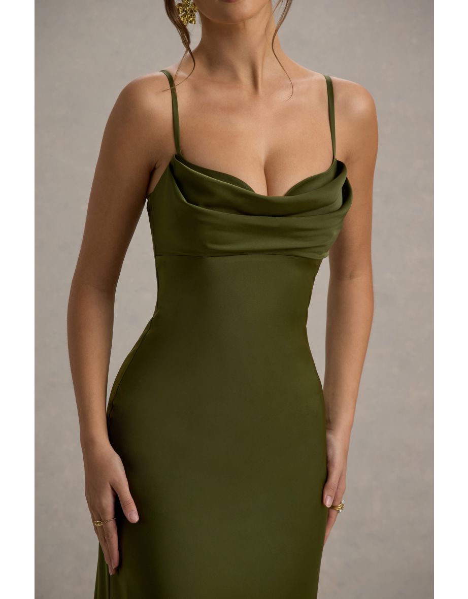 Eimear | Olive Green Satin Draped Sweetheart Maxi Dress - 6