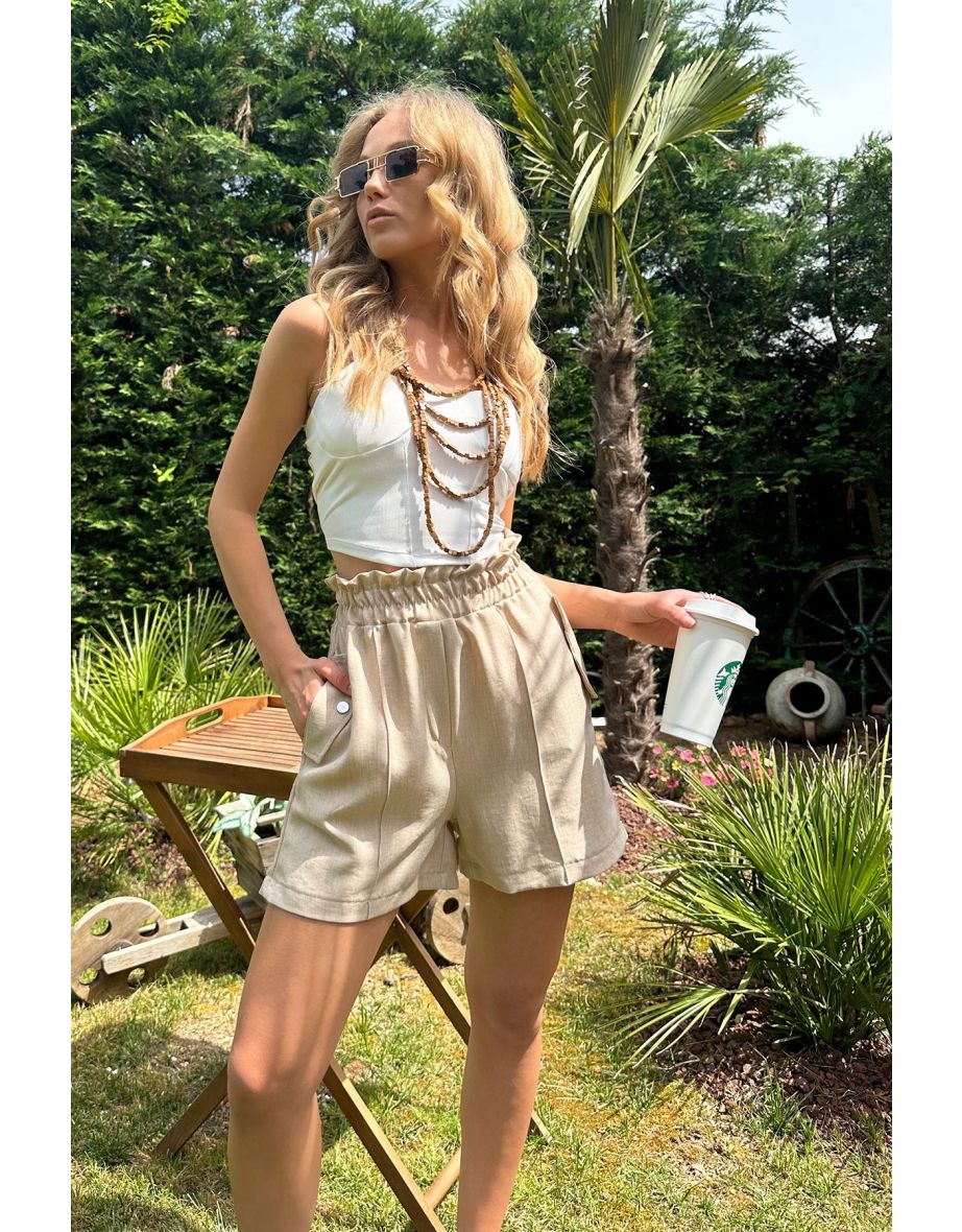 Women's Beige Elastic Waist Double Pocket Linen Shorts