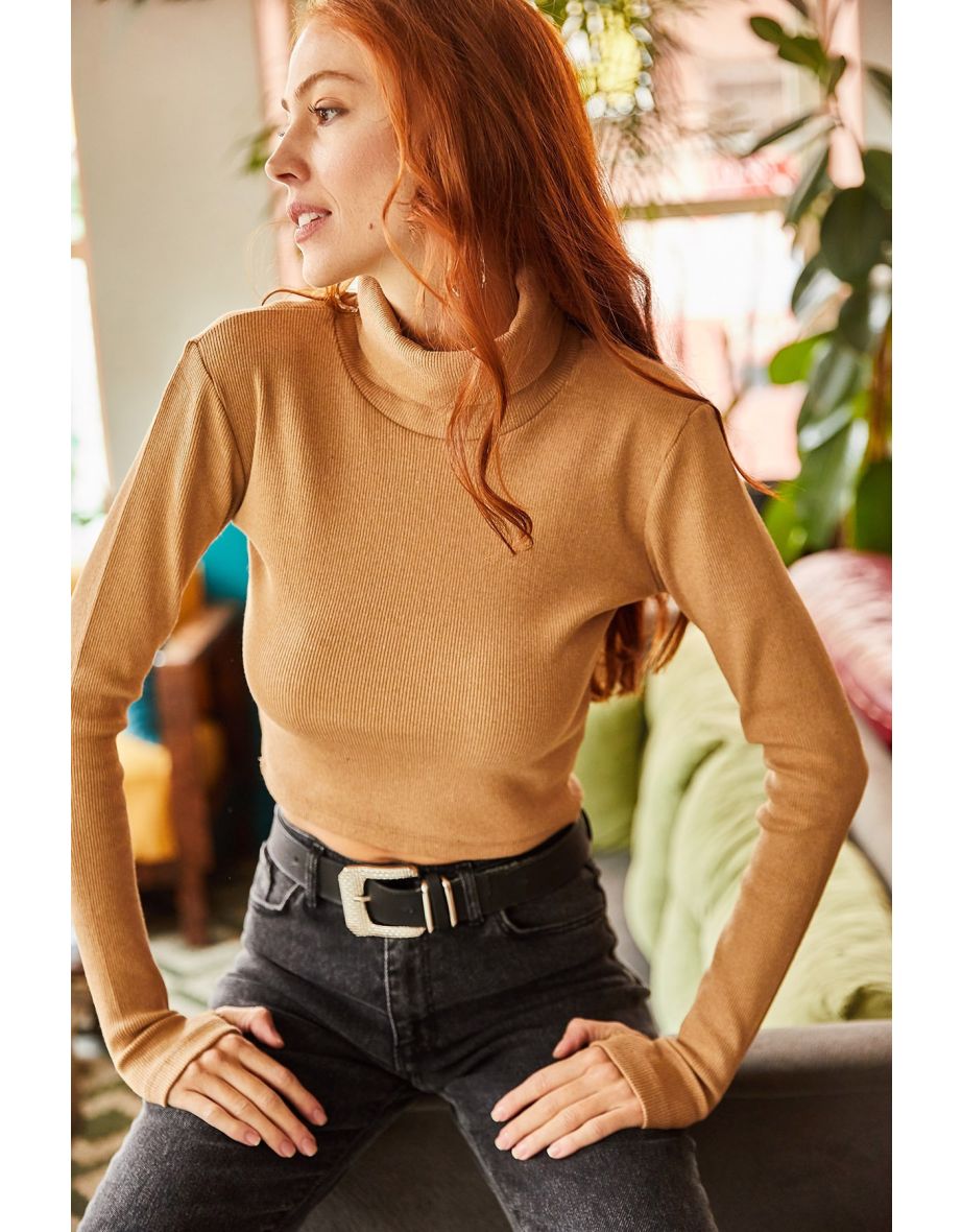 Women's Camel Turtleneck Finger Detail Lycra Crop Blouse