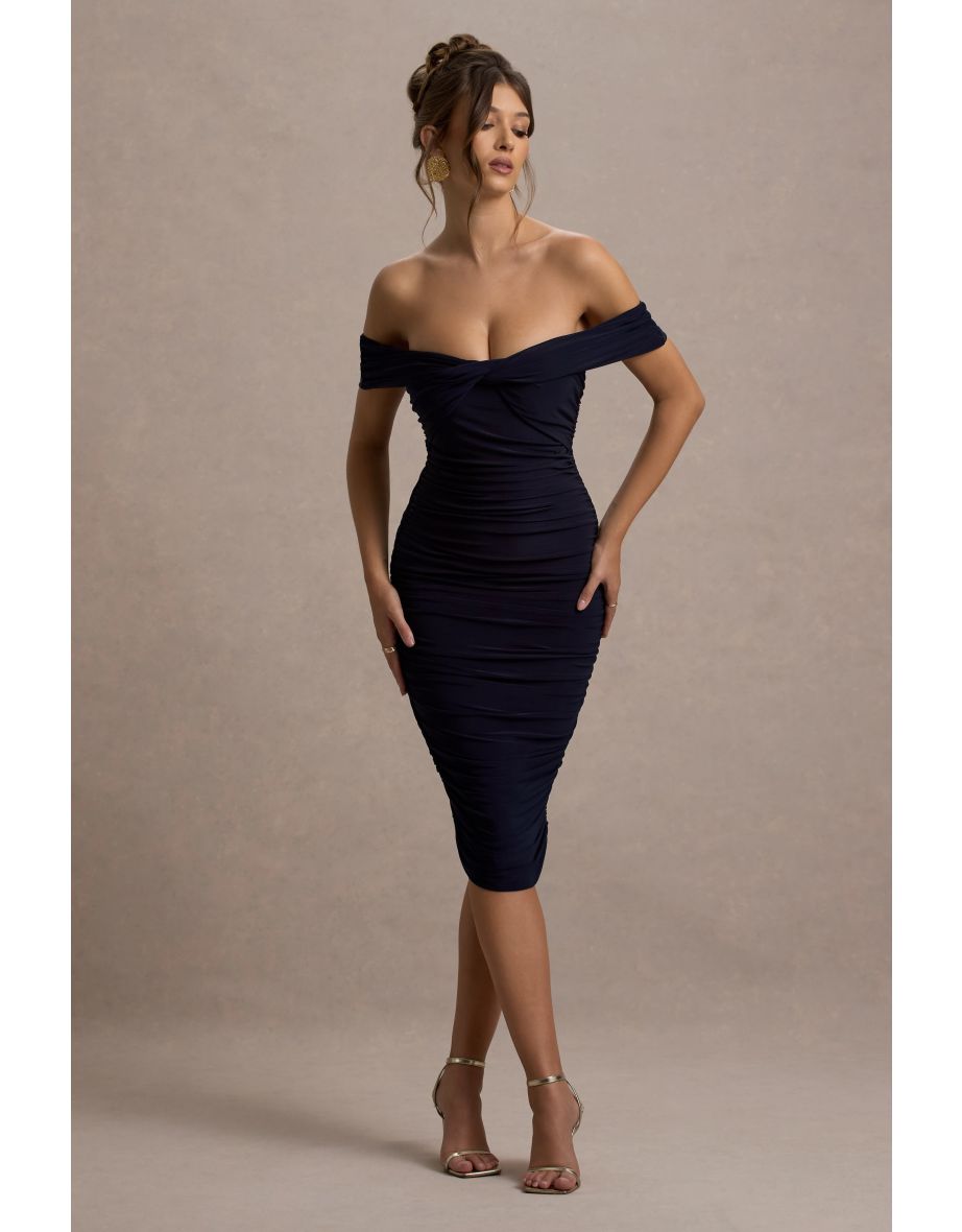 Gratitude | Navy Off The Shoulder Ruched Midi Dress