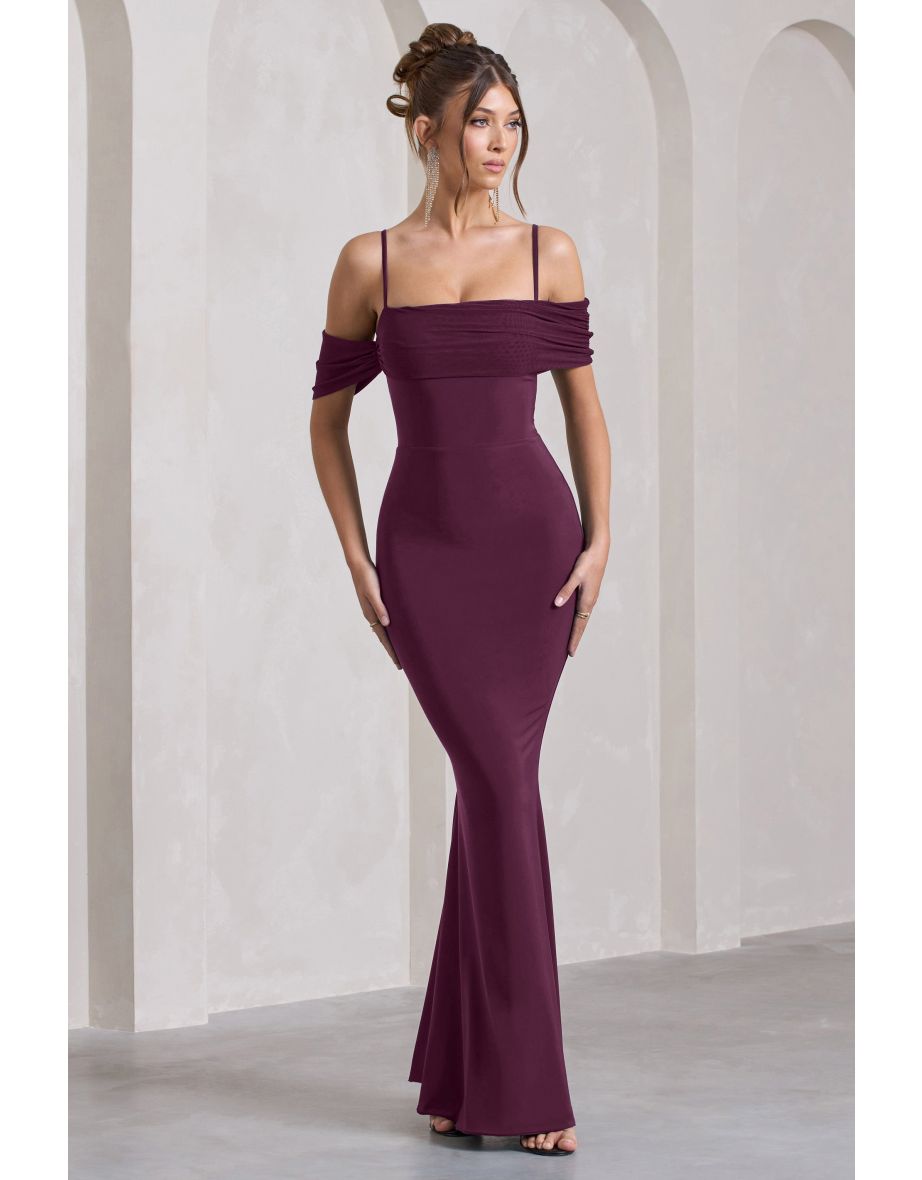 Miracle | Plum Strappy Mesh Bardot Maxi Dress