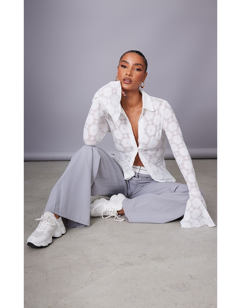 Cream Lace Fitted Flare Sleeve Shirt