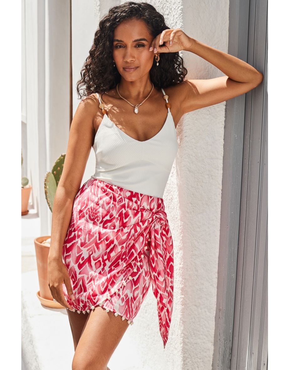 Pink Aztec Print Beaded Trim Wrap Skirt - 4