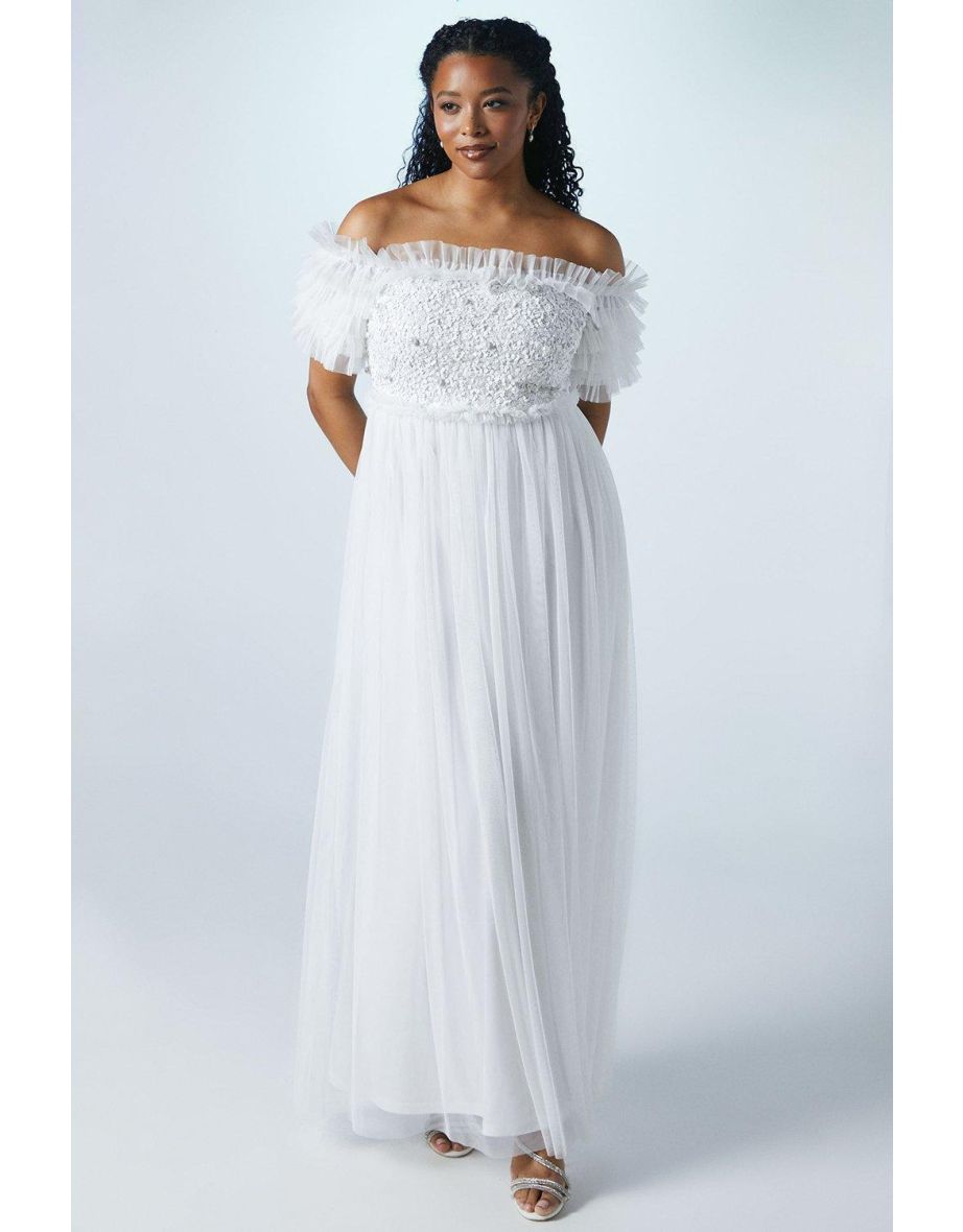 Bardot Mesh And Sequin Ruffle Wedding Dress
