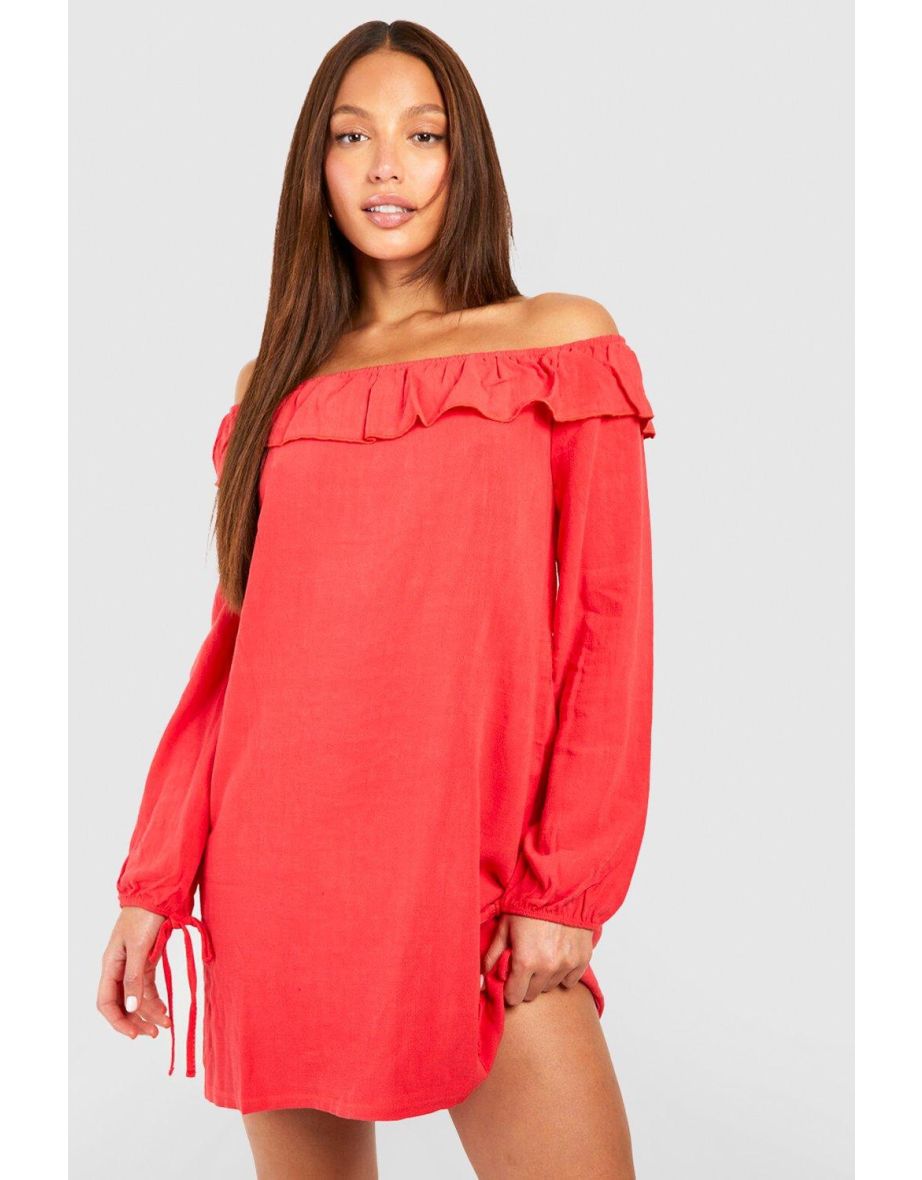 Tall Linen Ruffle Bardot Swing Mini Dress - coral