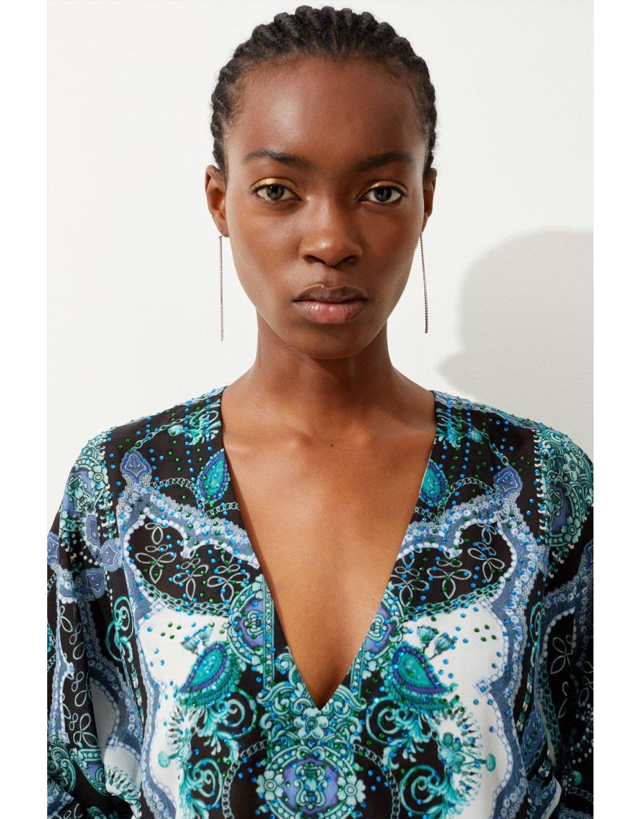 Embellished Mirrored Print Kimono Sleeve Mini Beach Dress - 2