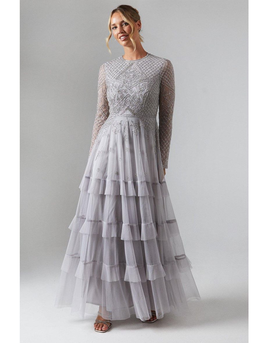 Embellished Artwork Long Sleeve Tiered Bridesmaids Maxi Dress