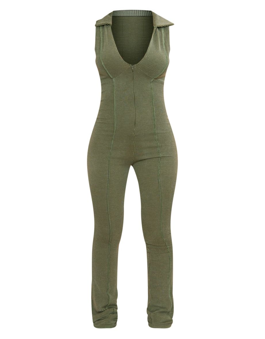 Green Thick Rib Zip Front Collar Detail Sleeveless Jumpsuit - 4