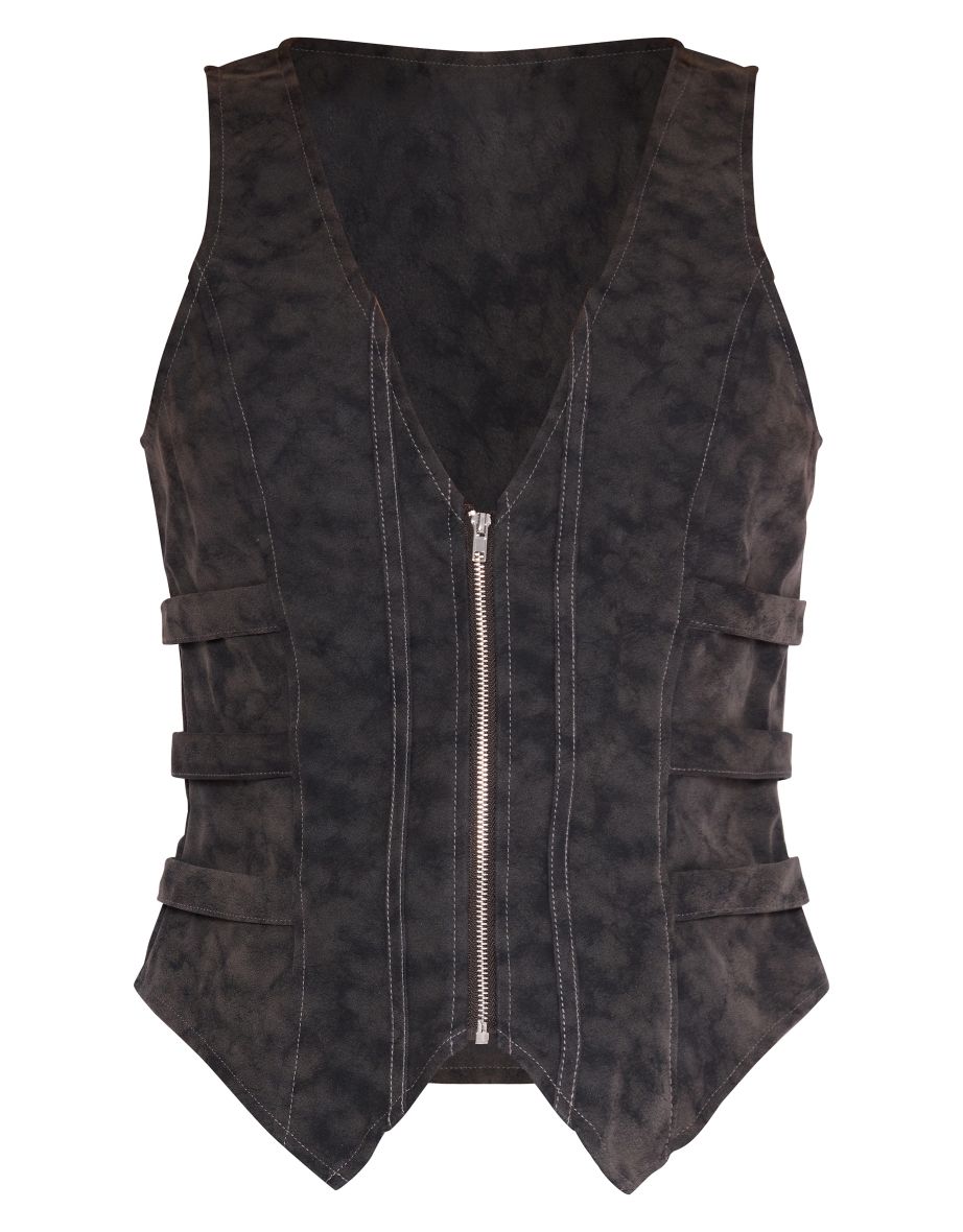 Black Washed Faux Leather Zip Front Strap Detail Corset - 4