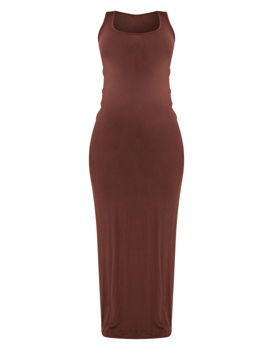 Maternity Chocolate Brown Scoop Neck Maxi Dress - 4
