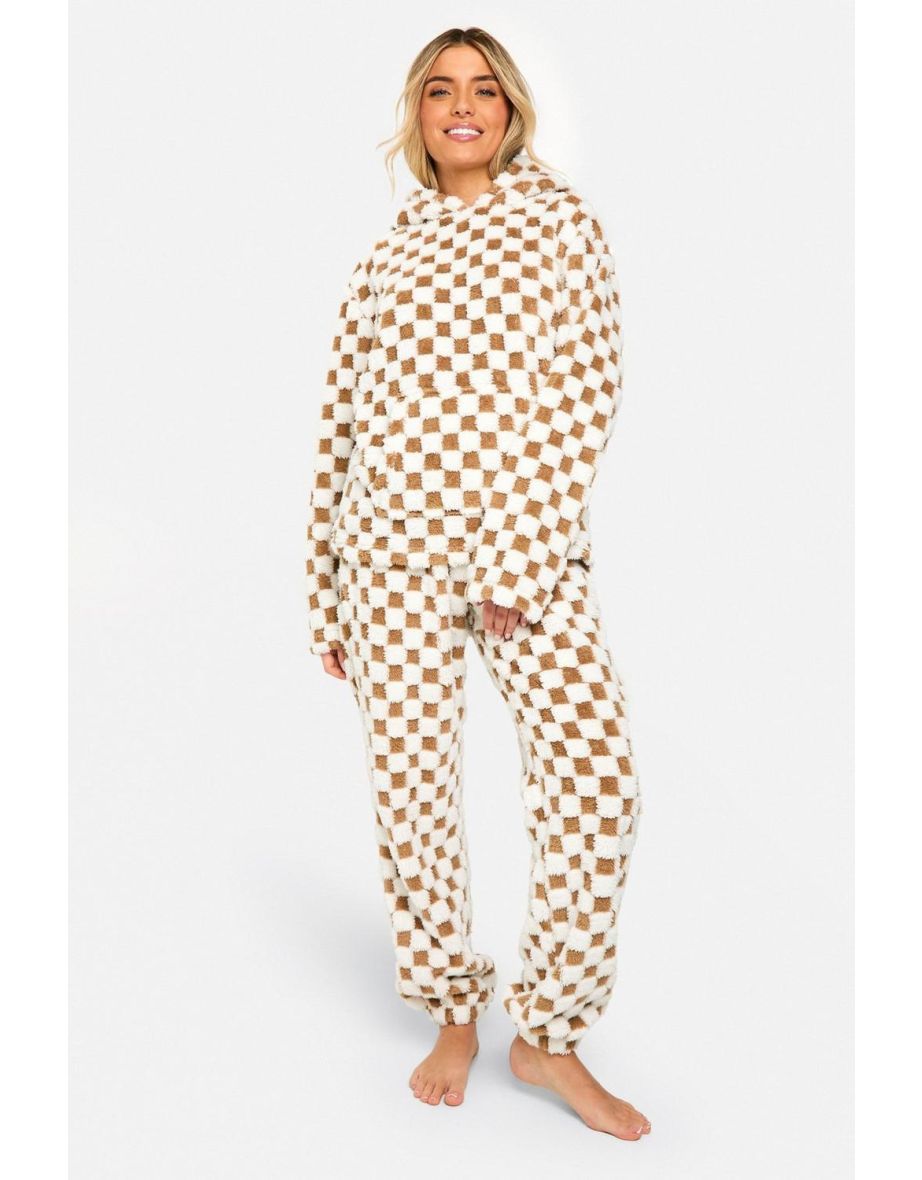 Fleece Tonal Checkerboard Hoodie And Jogger Set - brown