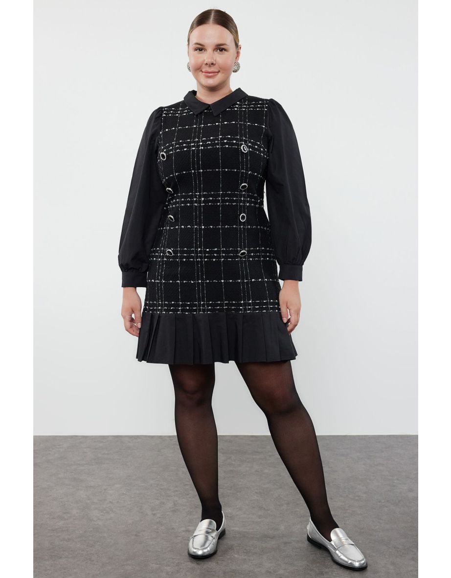 Black Shirt Collar Plaid-Plaid Mini Tweed Dress
