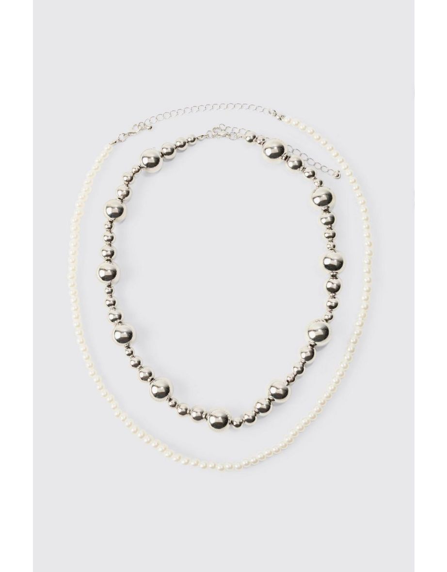Pearl And Metal Bead Multi Layer Necklace - silver