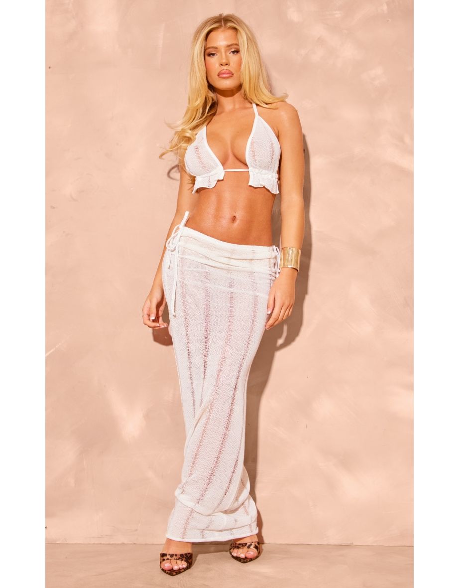 White Textured Halterneck Ruffled Crop Top