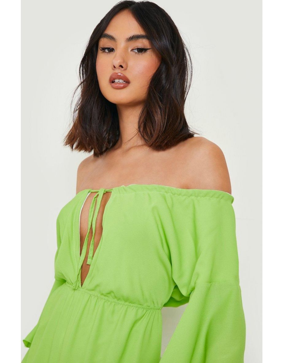 Chiffon Bardot Flare Playsuit - chartreuse - 3