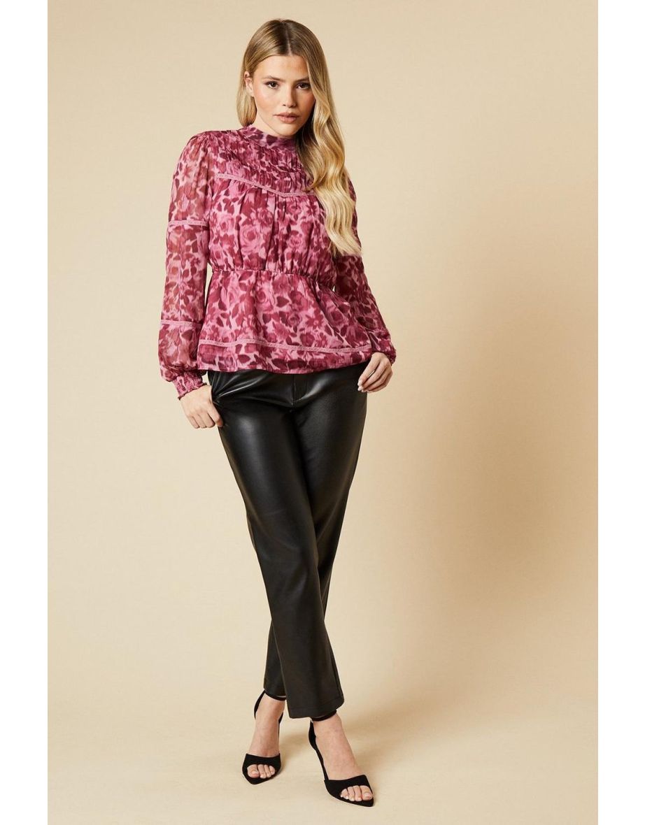 Pink Floral Pleated Yoke Chiffon Long Sleeve Blouse
