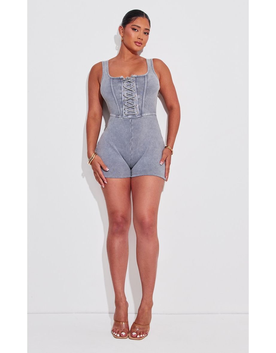 Shape Washed Grey Cotton Lace Up Detail Unitard