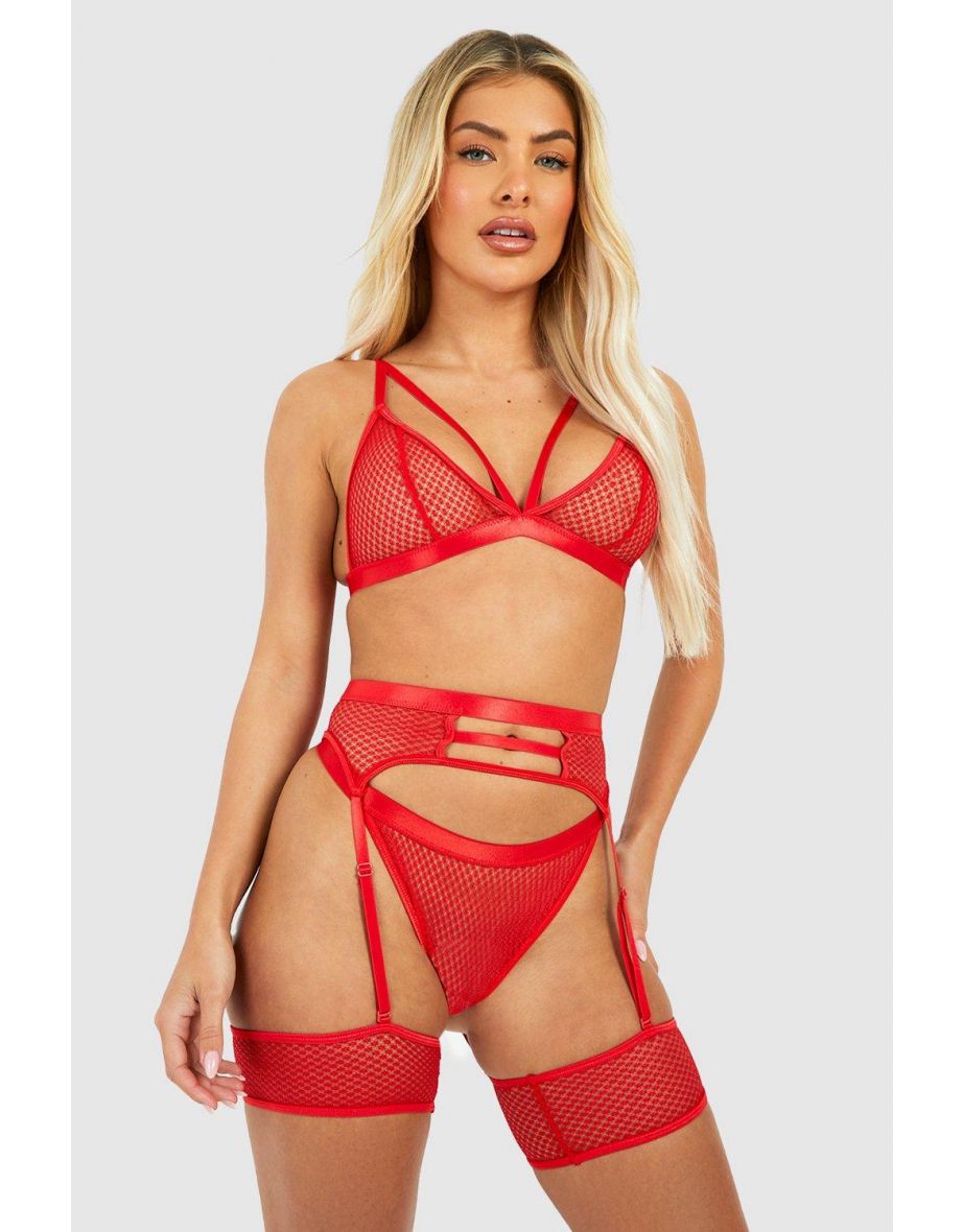 Crotchless Lace Bra Thong And Suspender Set