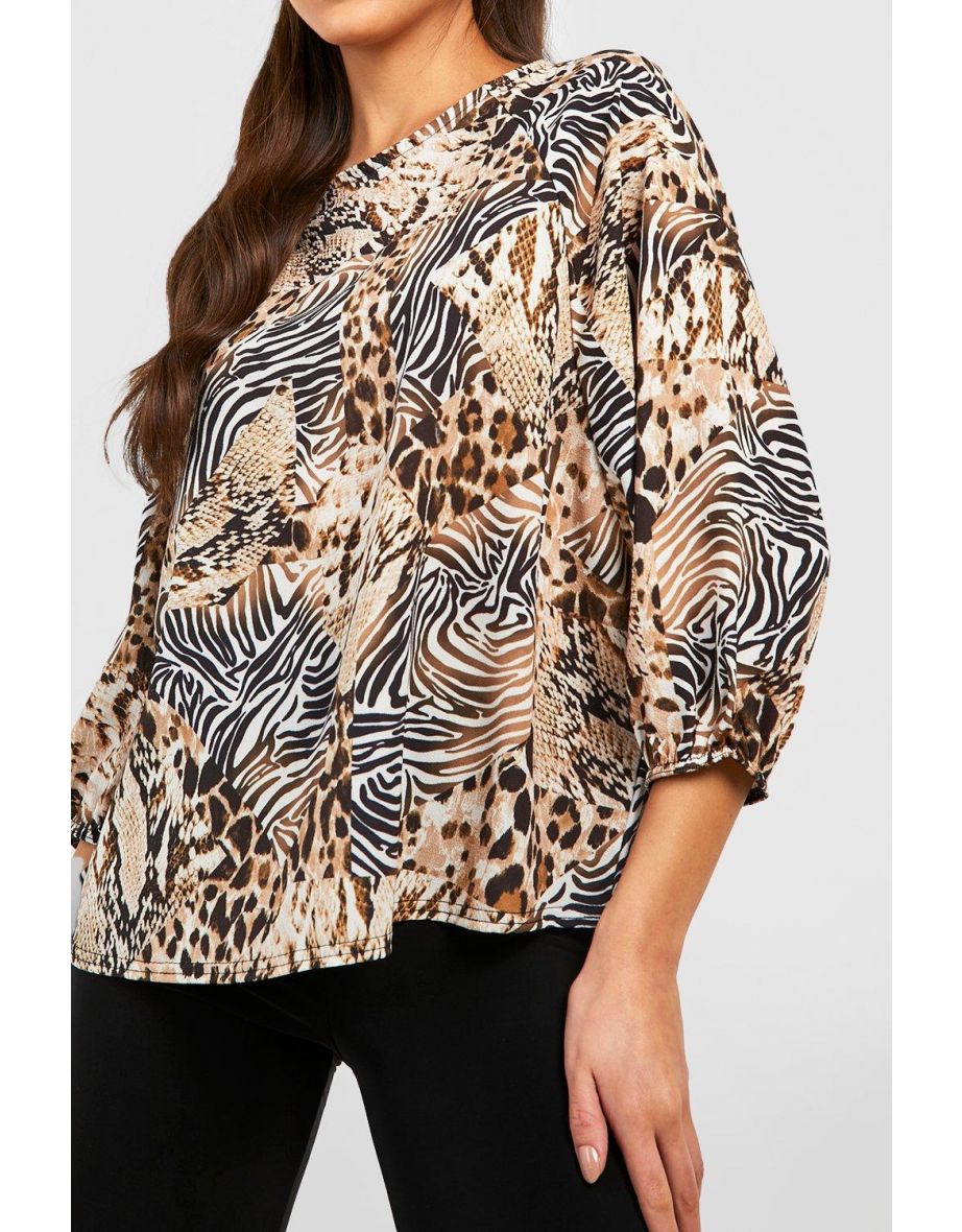Mixed Animal Print Batwing Sleeve Blouse - chocolate - 3