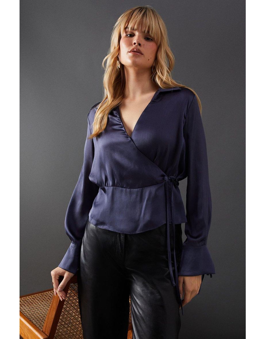 Crinkle Satin Wrap Front Tie Side Blouse - 3