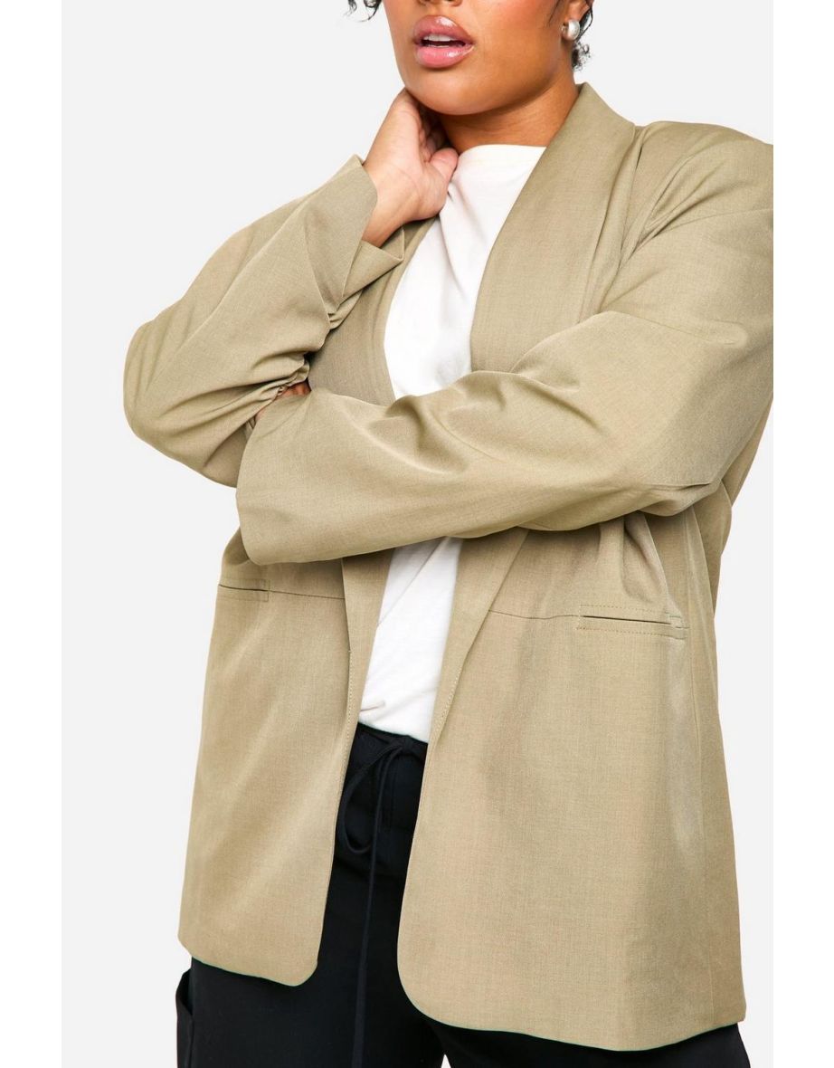 Plus Essential Oversized Ruched Sleeve Blazer - light khaki - 3