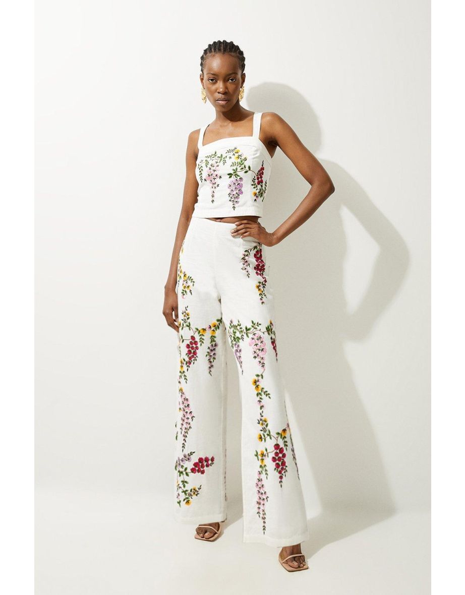 Floral Embroidered Cotton Linen Woven Strappy Top