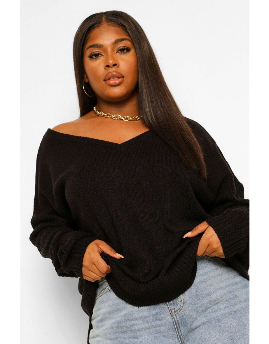 Plus Jumper V Neck Detail Front And Back - black - 3