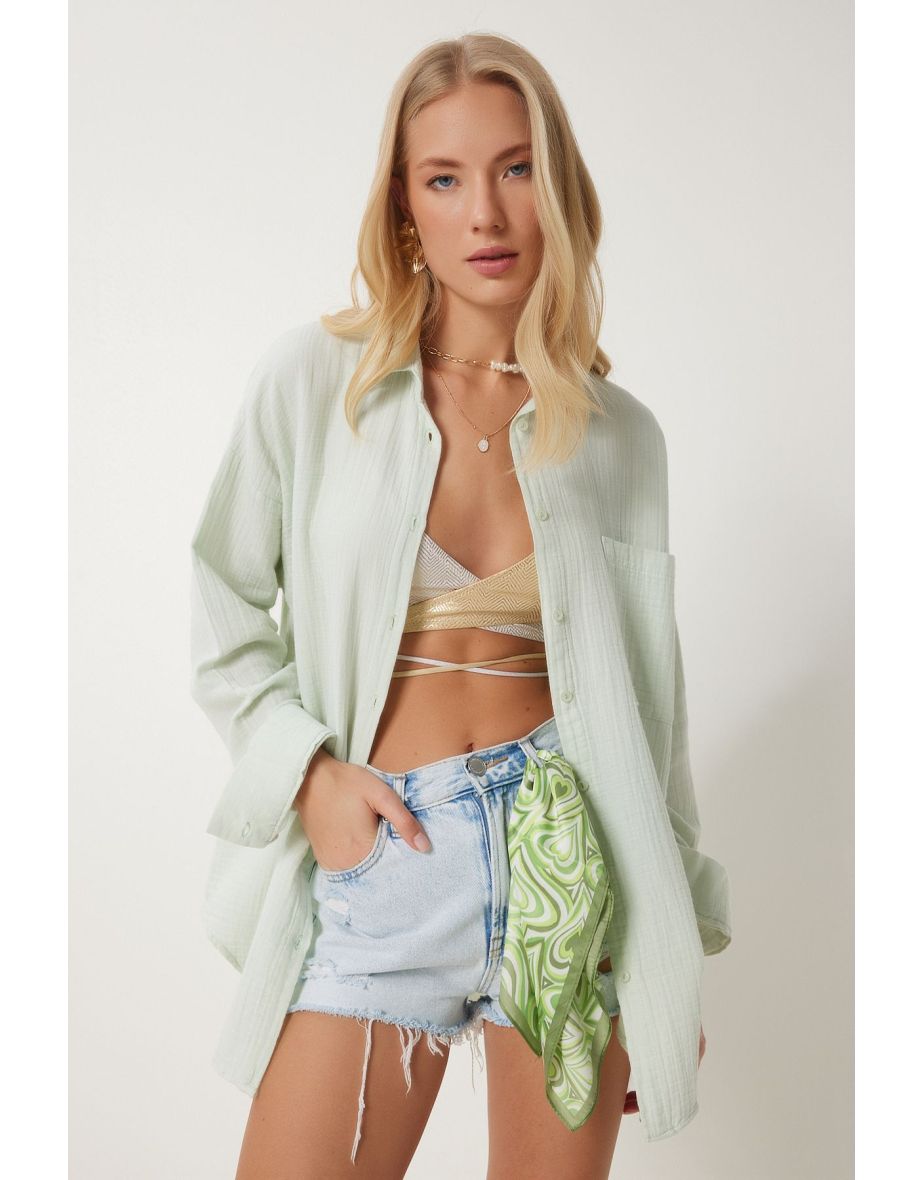 Women's Aqua Green Oversize Basic Muslin Shirt