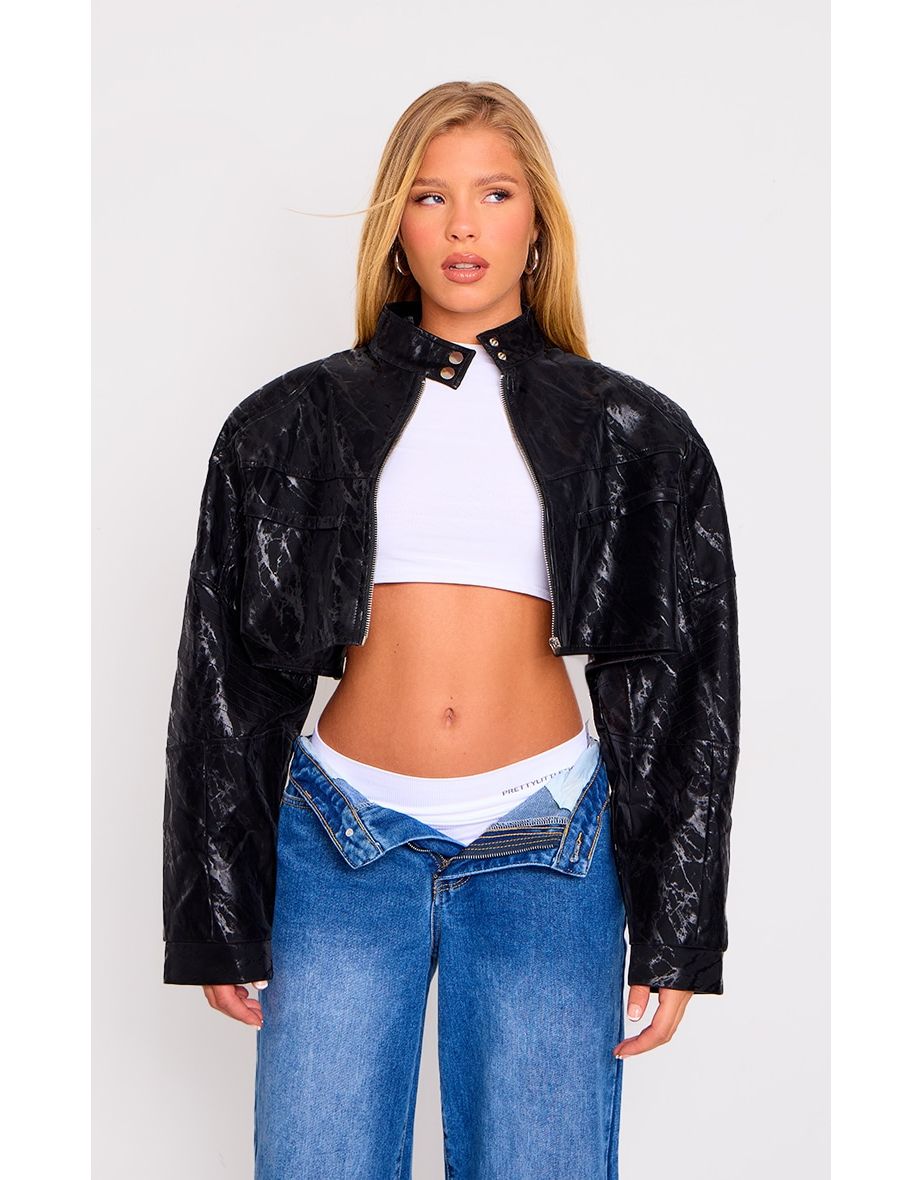 Black Sheen Look Panelled Cropped Biker Jacket