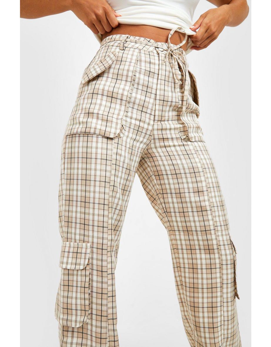 Buckle Belted Tapered Checked Trousers - stone - 3