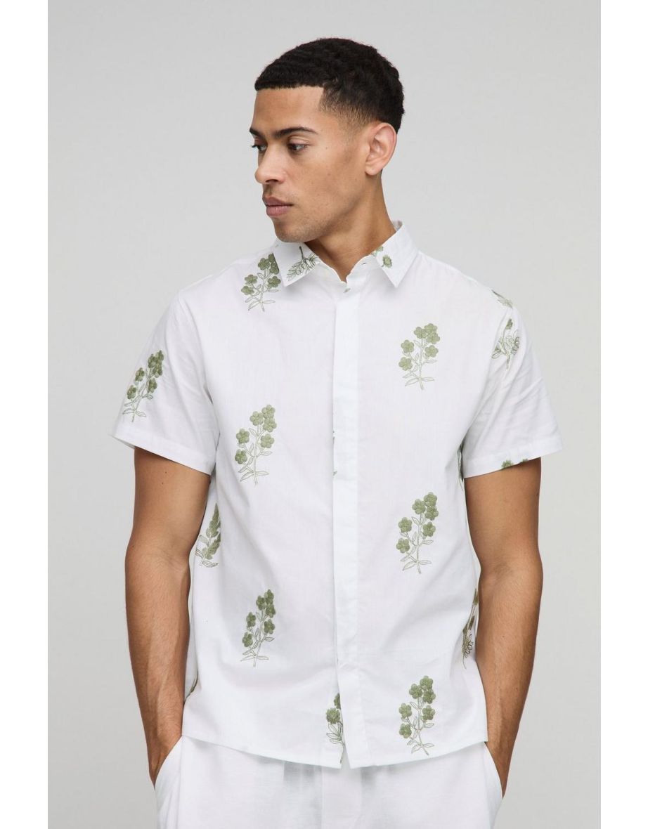Regular Fit 3d Embroidery Concealed Placket Shirt - white