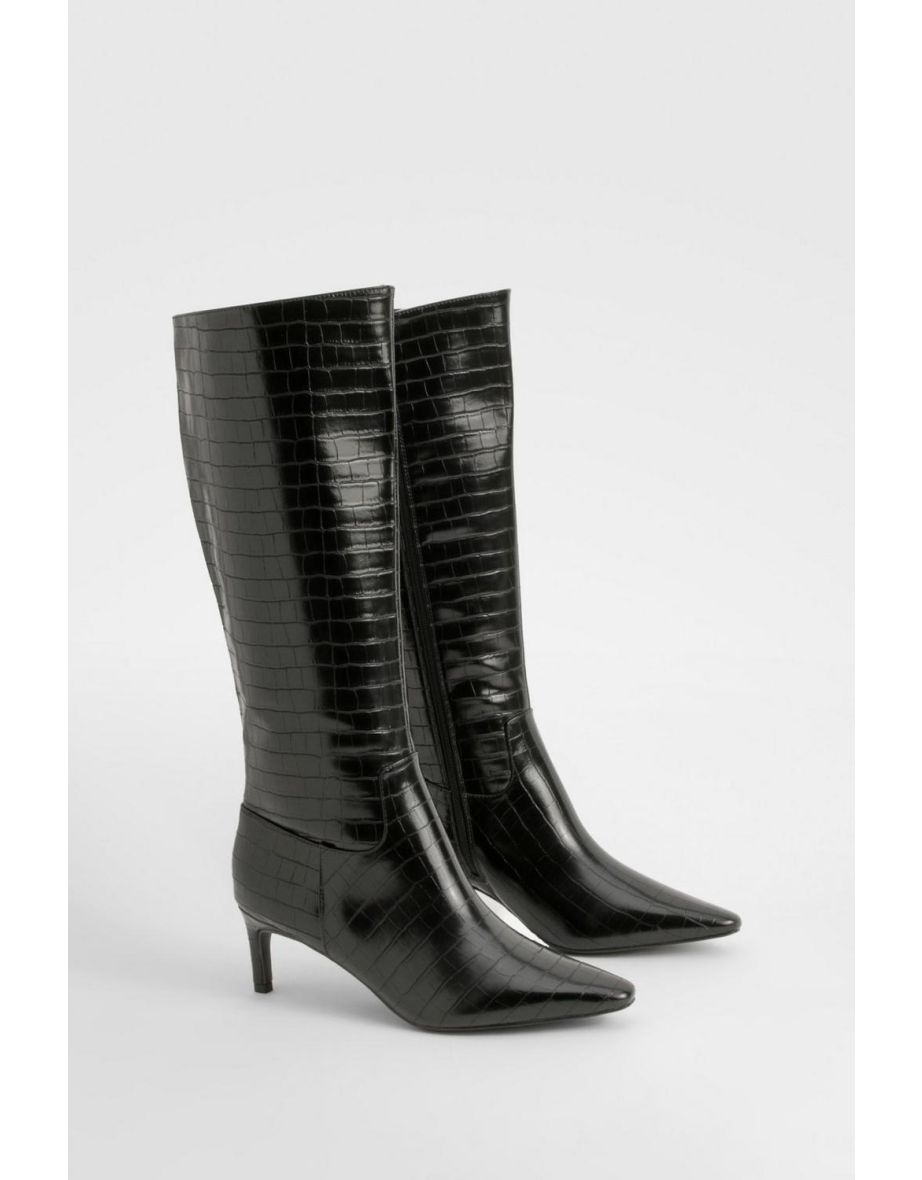 Croc Low Heel Pointed Knee High Boots - black