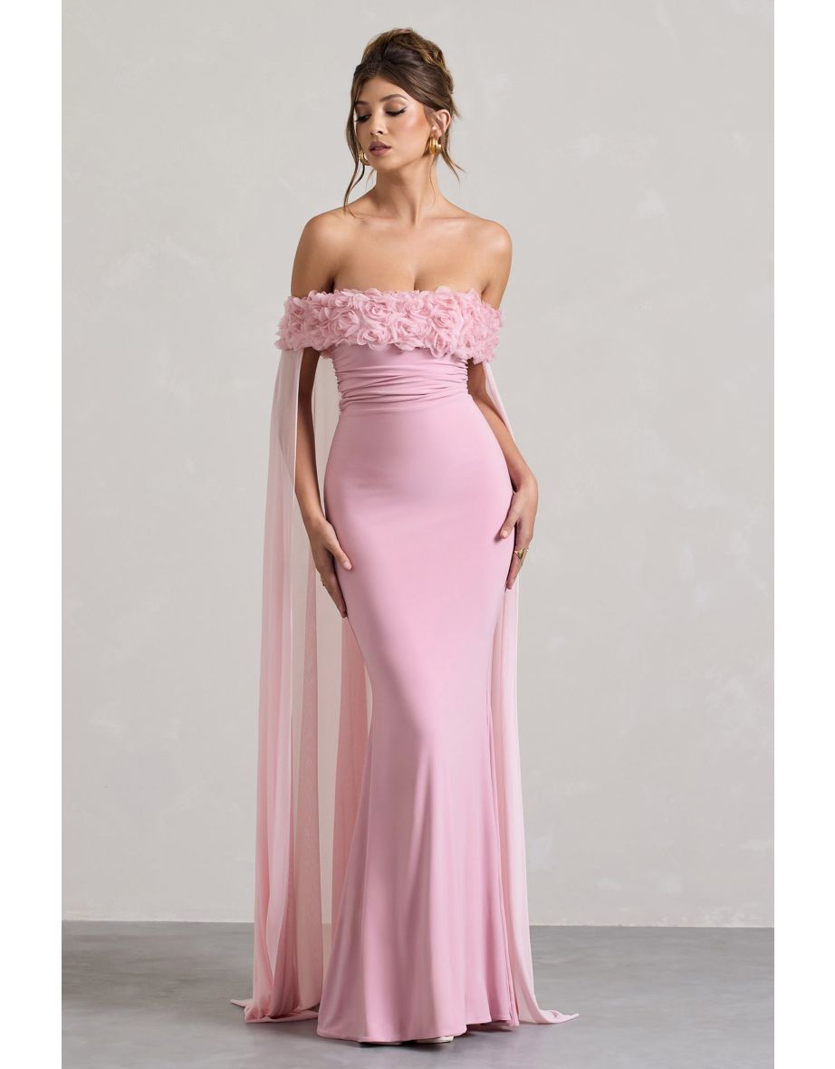 Avant Garde | Blush Pink Floral Bardot Fishtail Maxi Dress With Mesh Cape - 4