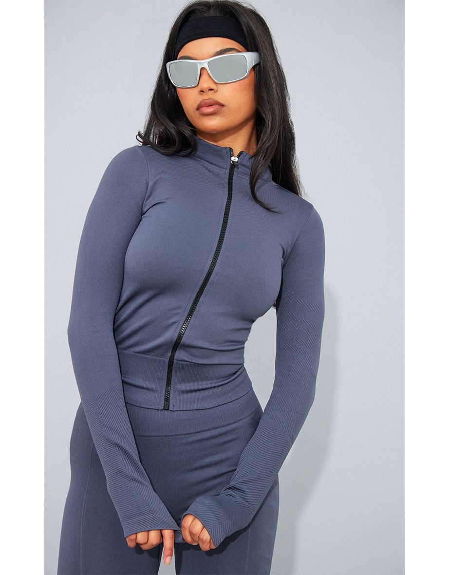 PRETTYLITTLETHING Charcoal Sport Seamless Under Bust Detail Crop Jacket