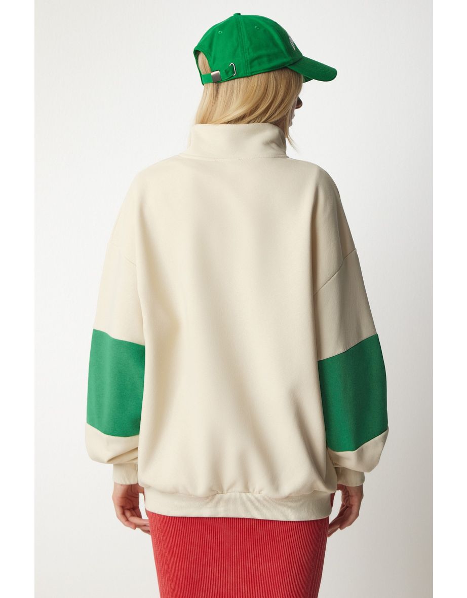 Women's Cream Green Color Block Print Oversized Sweatshirt - 4