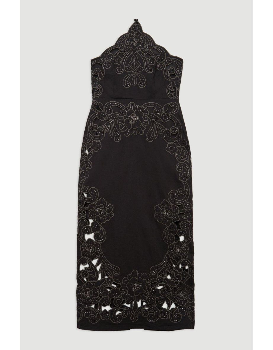 Cotton Quilted Cutwork Beaded Woven Halter Midaxi Dress - 4