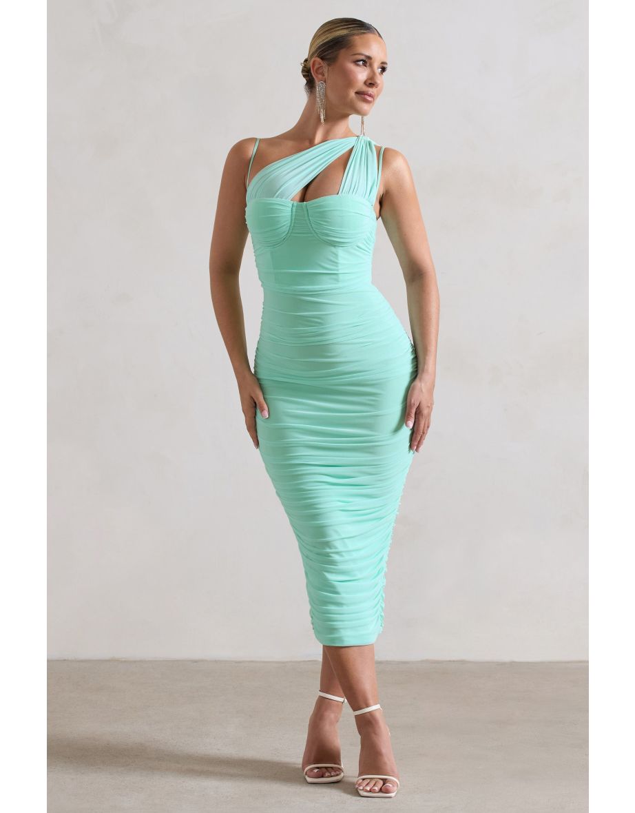 Bellini | Iced Green Asymmetric Ruched Midaxi Dress - 4