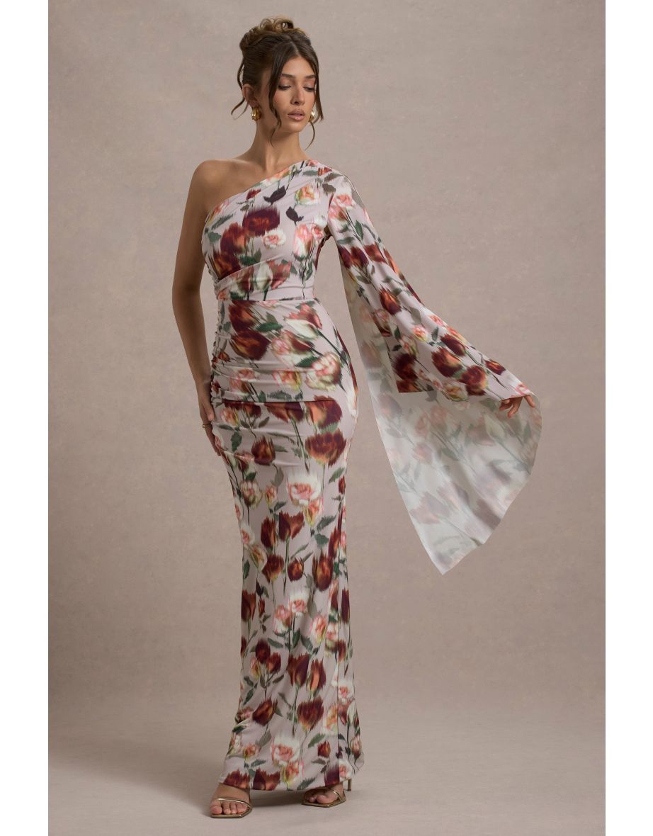 Clementina | Cream Floral Print Asymmetric Cape Sleeve Maxi Dress