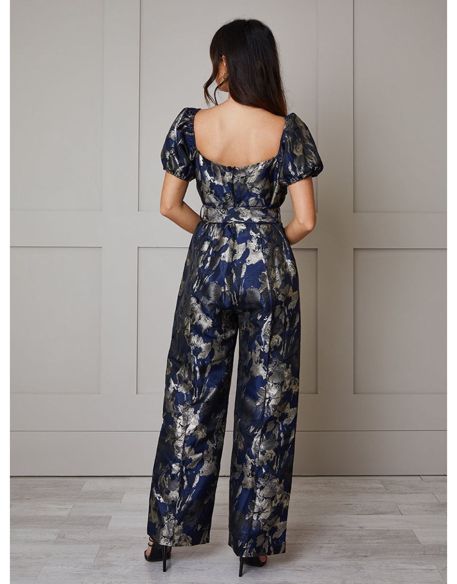 Puff Sleeve Jacquard Wide Leg Jumpsuit in Navy - 3