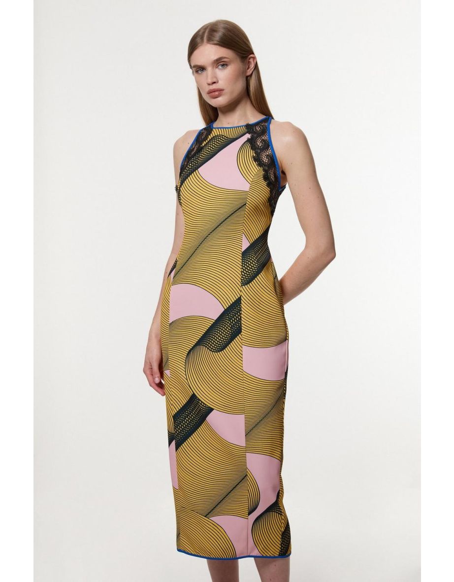 Amelia Graham Tall Printed Cady Lace Detail Woven Midi Dress
