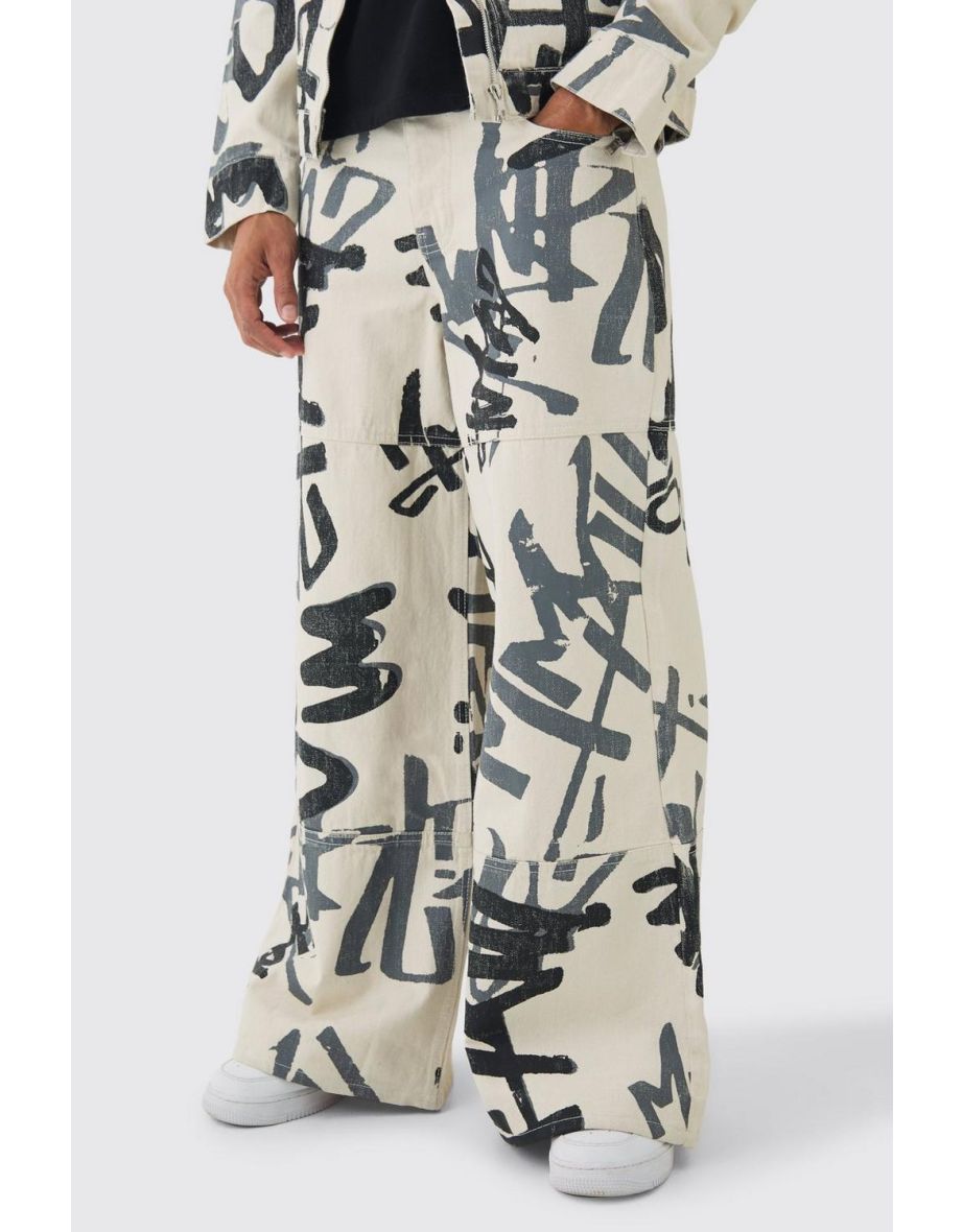 Extreme Baggy Rigid Graffiti Laser Print Jeans - ecru