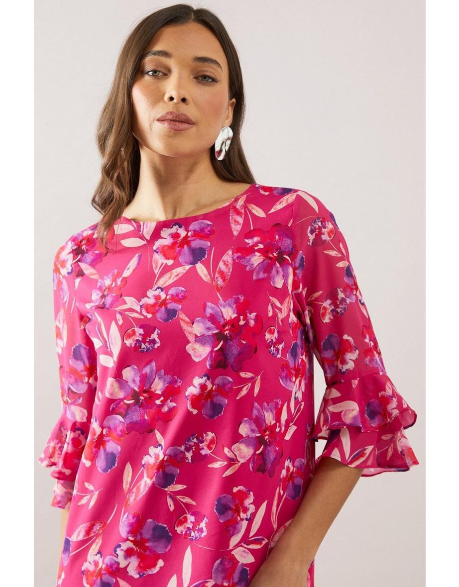 Petite Pink Watercolour Floral Ruffle Sleeve Shift Dress - 3