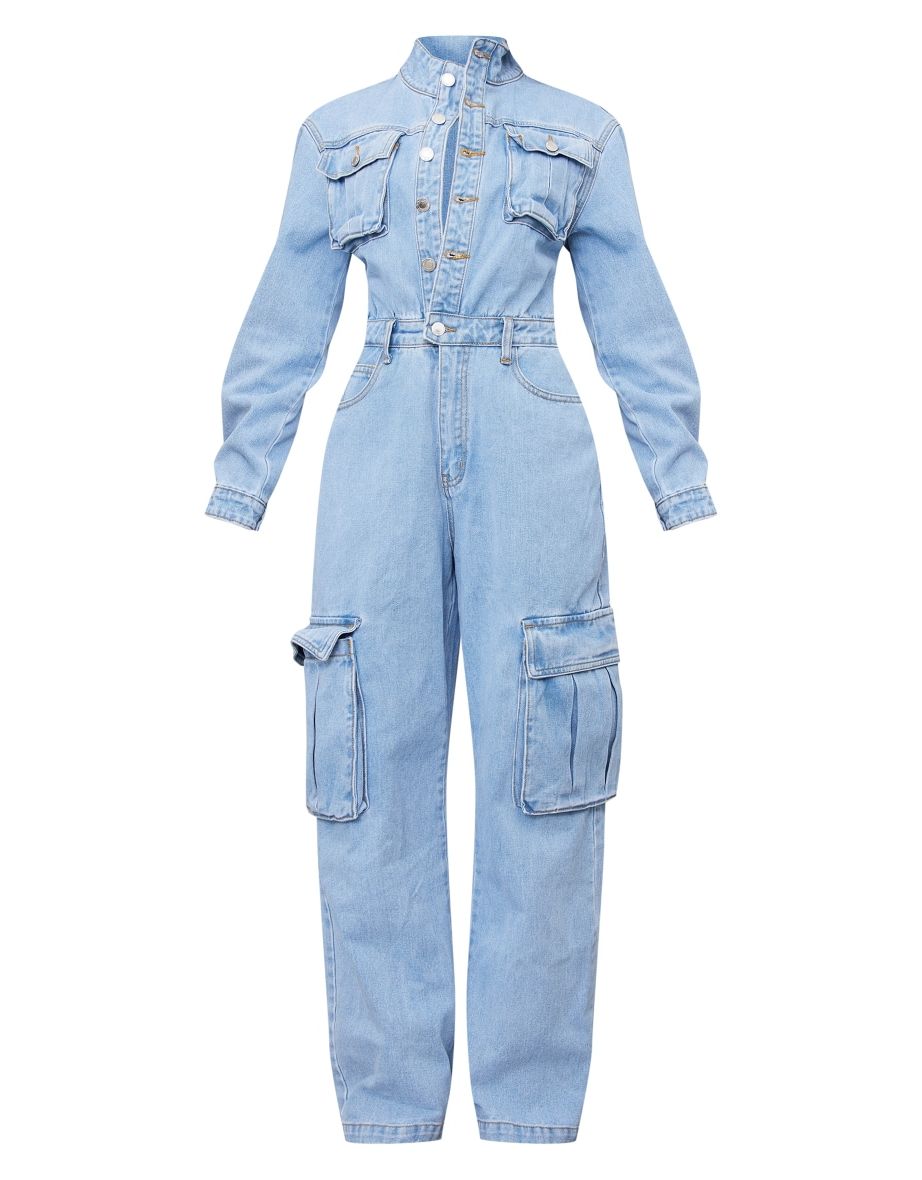 Petite Light Blue Wash Denim Cargo Wide Leg Jumpsuit - 4