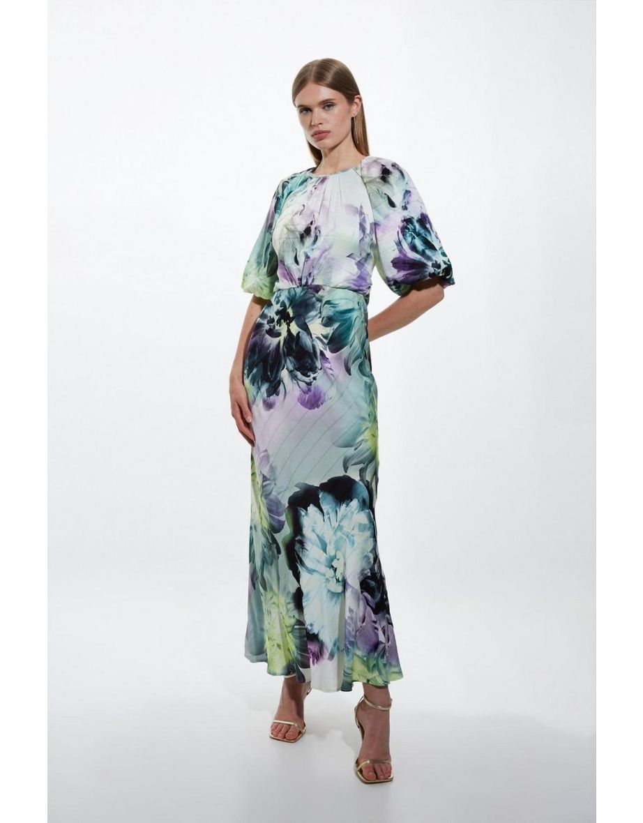 Tall Spring Floral Printed Hammered Satin Woven Maxi Dress