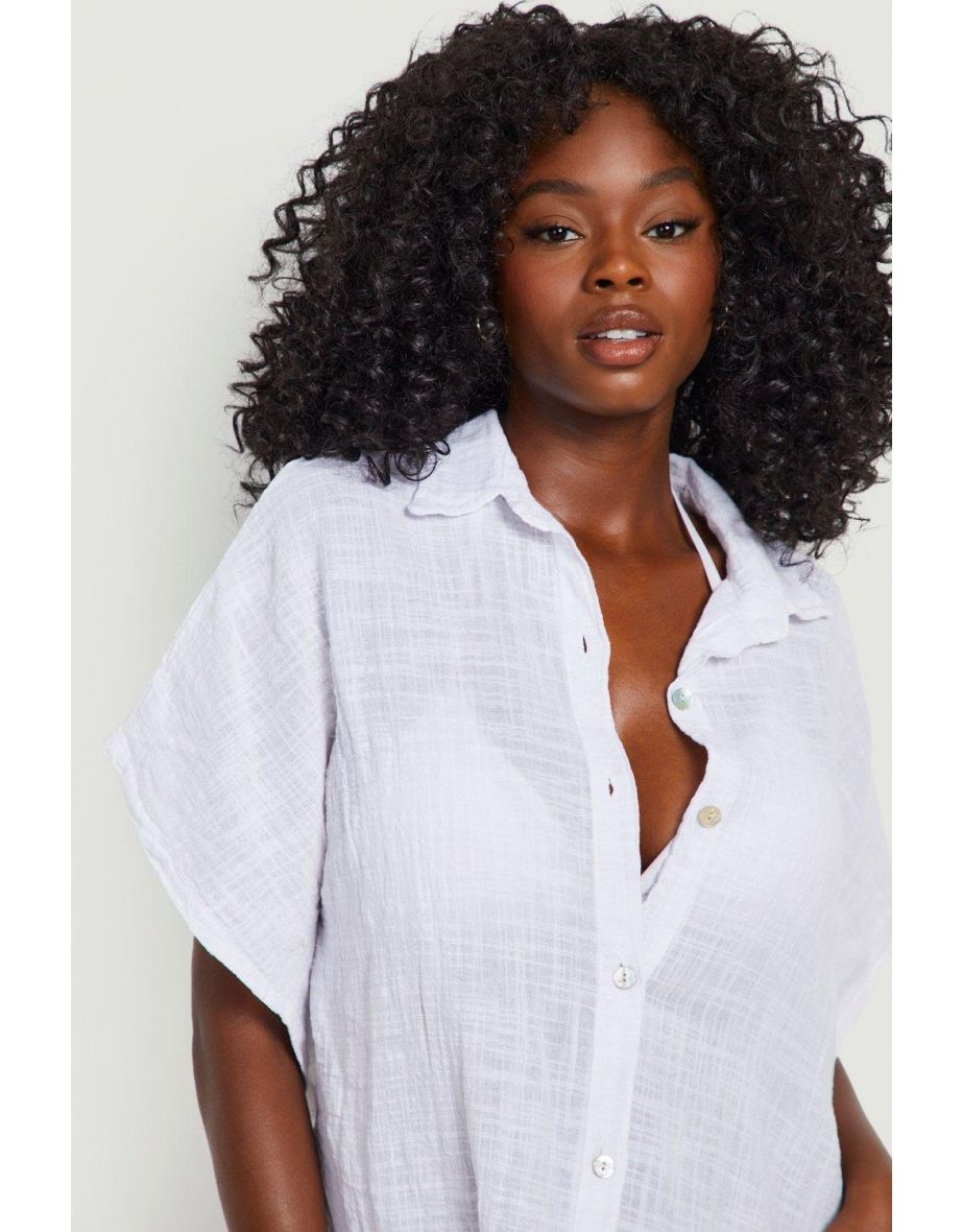 Linen Button Front Batwing Beach Kaftan Shirt - white - 3