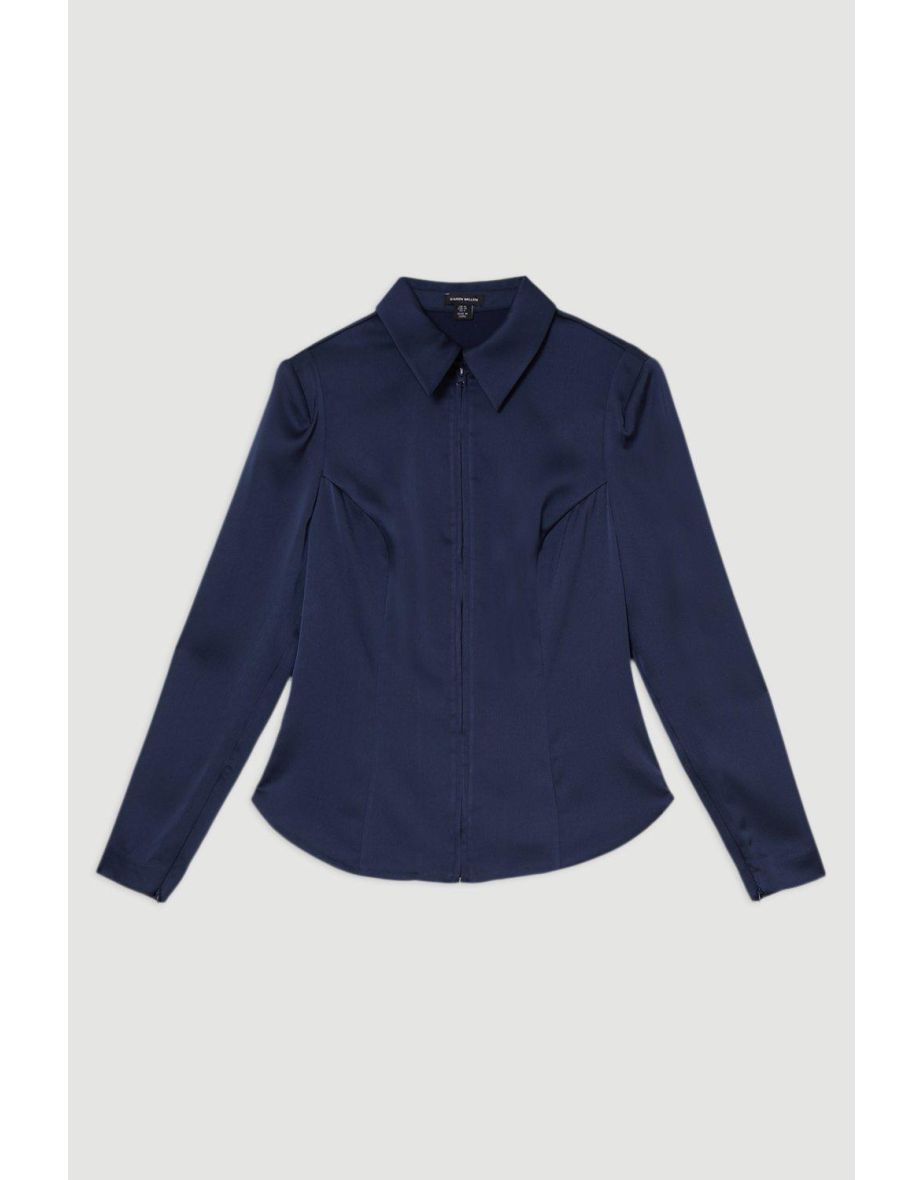 Satin Back Crepe Strong Shoulder Woven Zip Front Blouse - 3